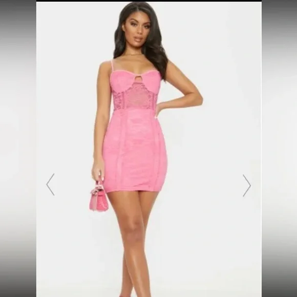 Women's Pink Lace Trim Detail Bodycon Dress